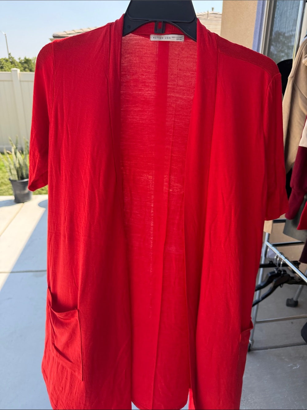 Active USA Red Open Front Short Sleeve Cardigan with Pockets